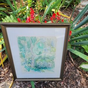 Vintage Framed & Matted  Watercolor Signed by Artist  Chairs under a Tree